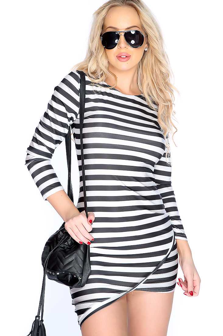 Sexy Black White Quarter Sleeve Asymmetrical Hem Bodycon Party Dress