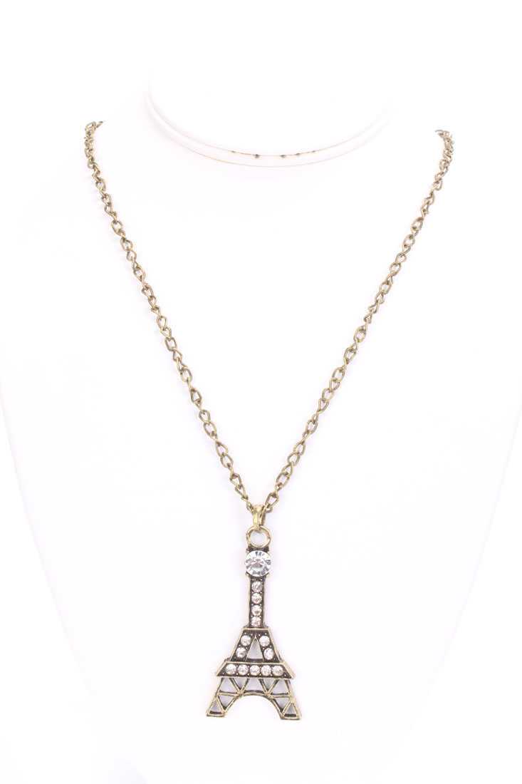 Vintage Gold Eiffel Tower Design Rhinestone Accent Necklace