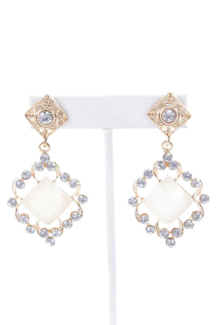 Cream Gold High Polish Rhinestone Earrings