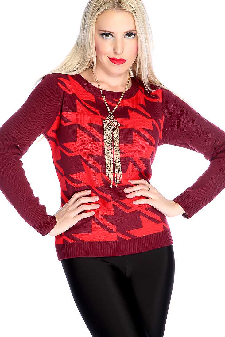 Red Wine Long Sleeve Houndstooth Knitted Sweater