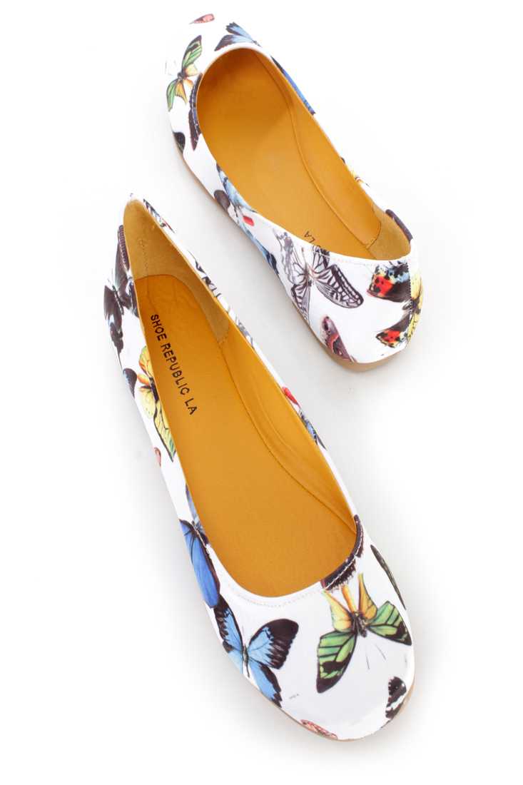 White Butterfly Pattern Ballet Flats Satin