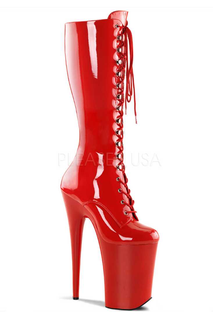 Red Front Lace Up Knee Platform Boots Patent