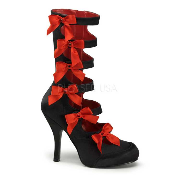 Black Red Satin Bow Tie Mid Calf Boots