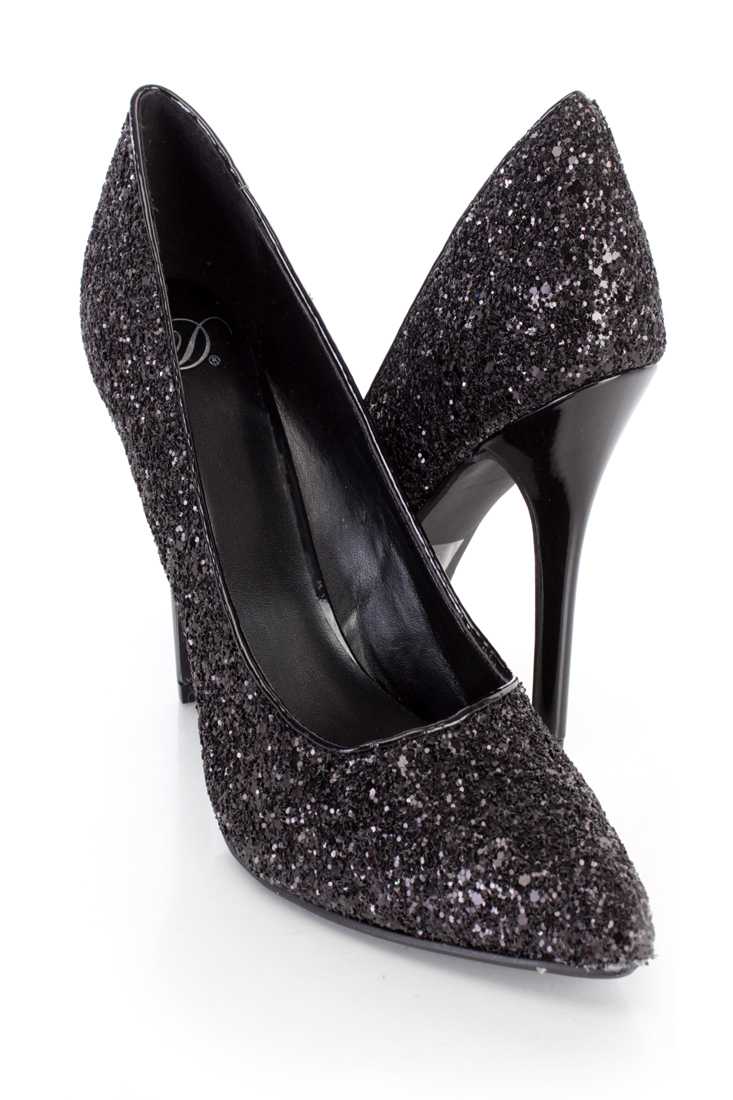Black Pointed Toe Single Sole Pump High Heels Glitter