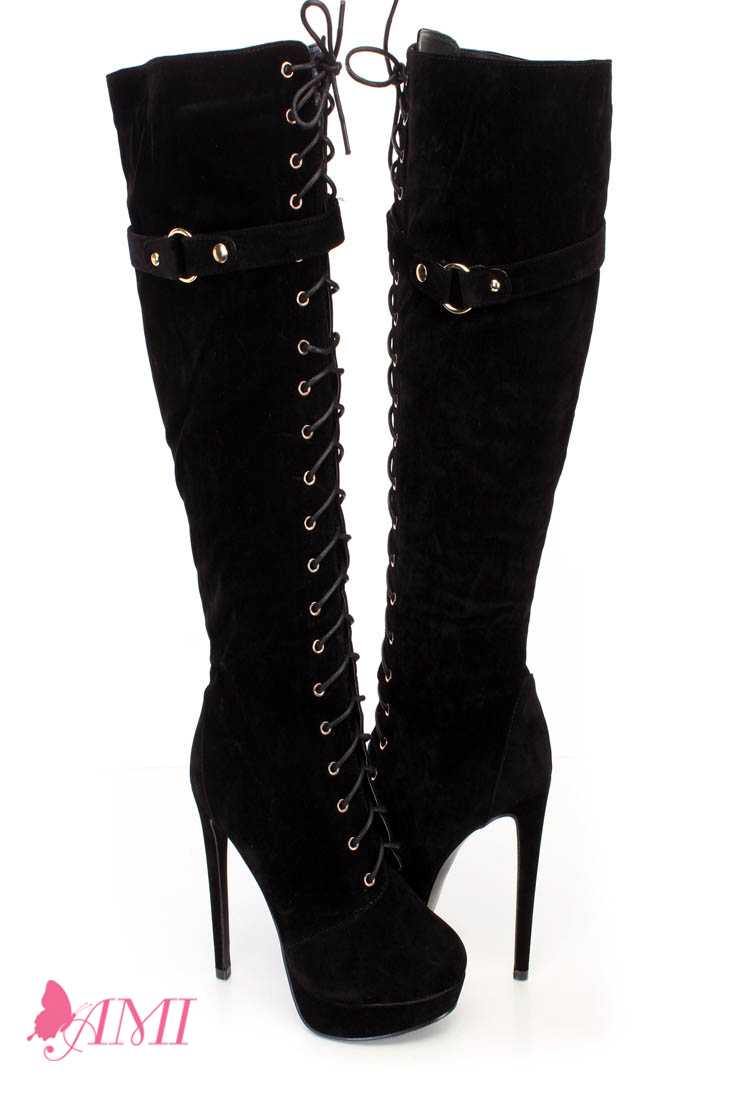 Black Lace Up Thigh High Fall High Heel Boots Faux Suede