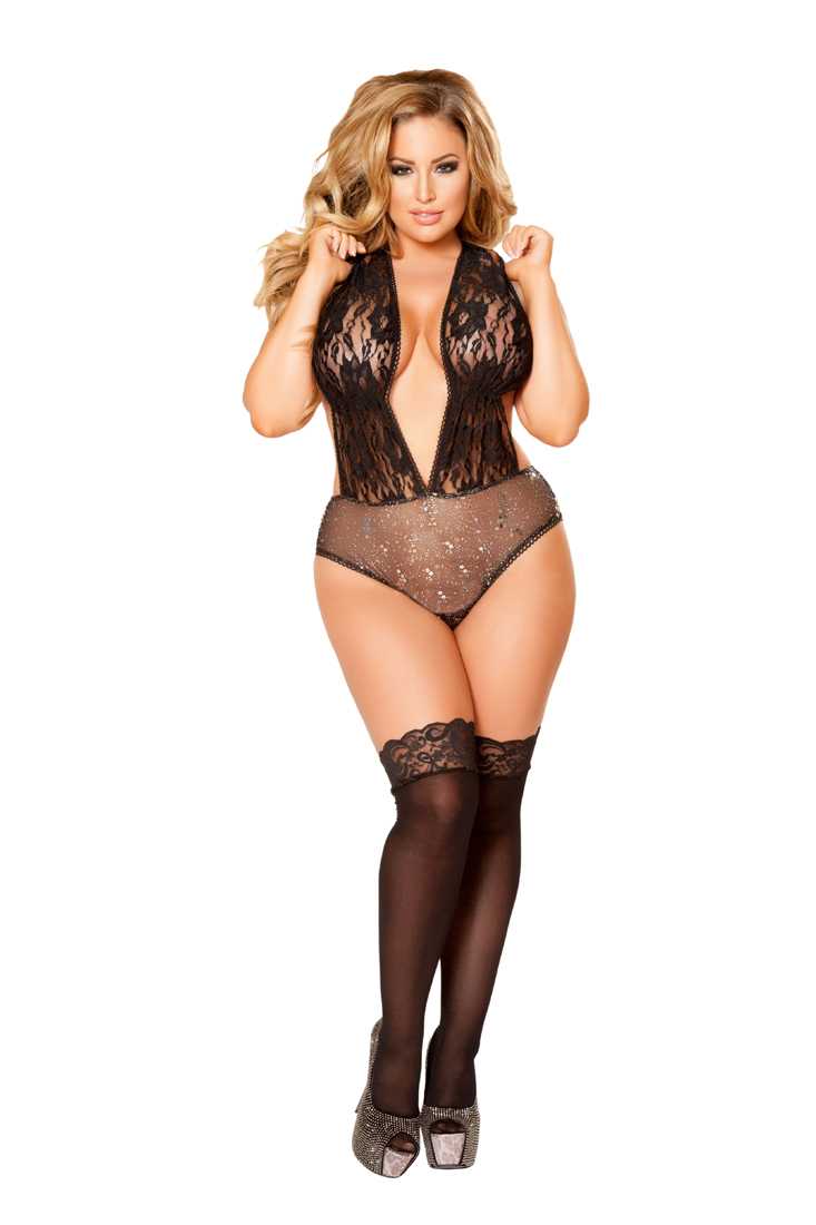 Black Silver Cut Out Thong Teddy Plus Size Intimates