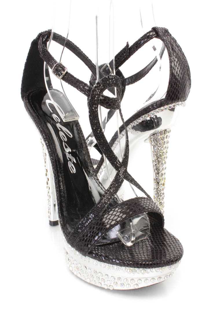 Black Strappy Open Toe Platform High Heels Shimmer Fabric