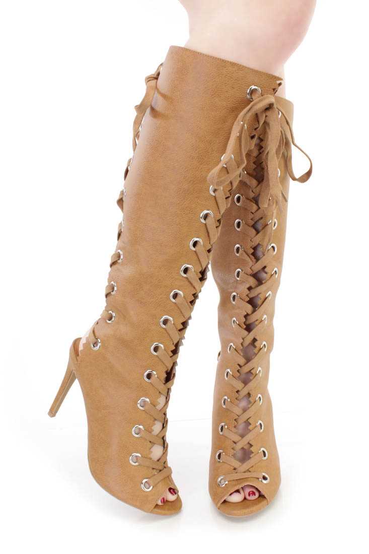 Whisky Lace Up Peep Toe Boots Faux Leather
