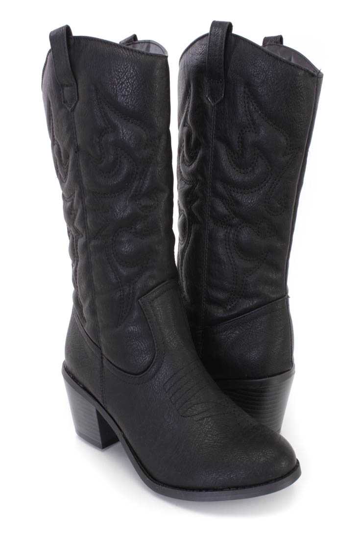 Black Stitched Cowboy Style Boots Faux Leather