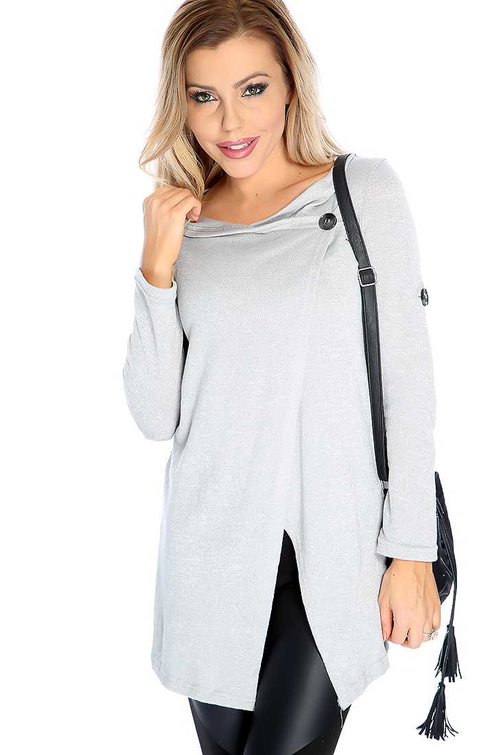 Stylish Grey Long Sleeve Button Detail Sweater