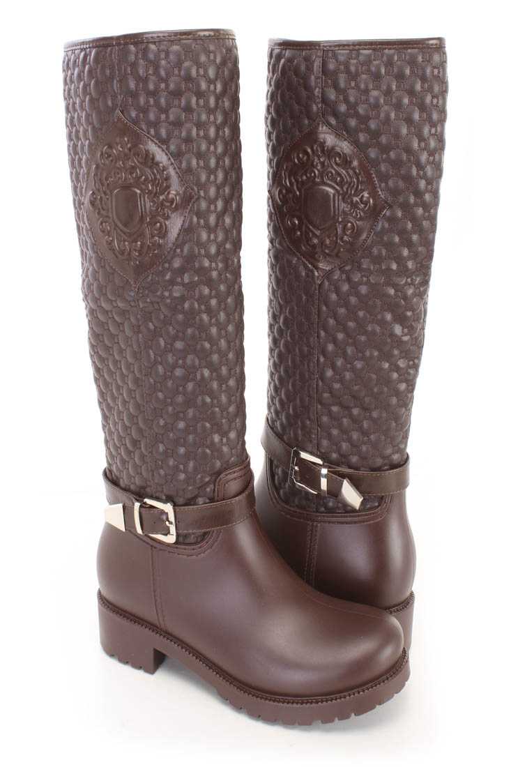 Brown Stitched Quilted Riding Boots Faux Leather