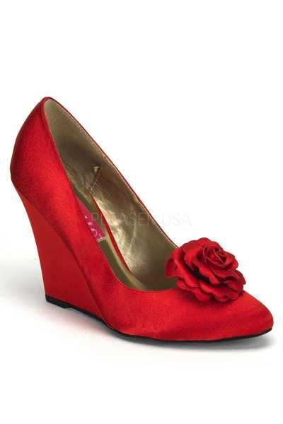 Red Satin Fabric Rose Clip Pointed Toe Wedges