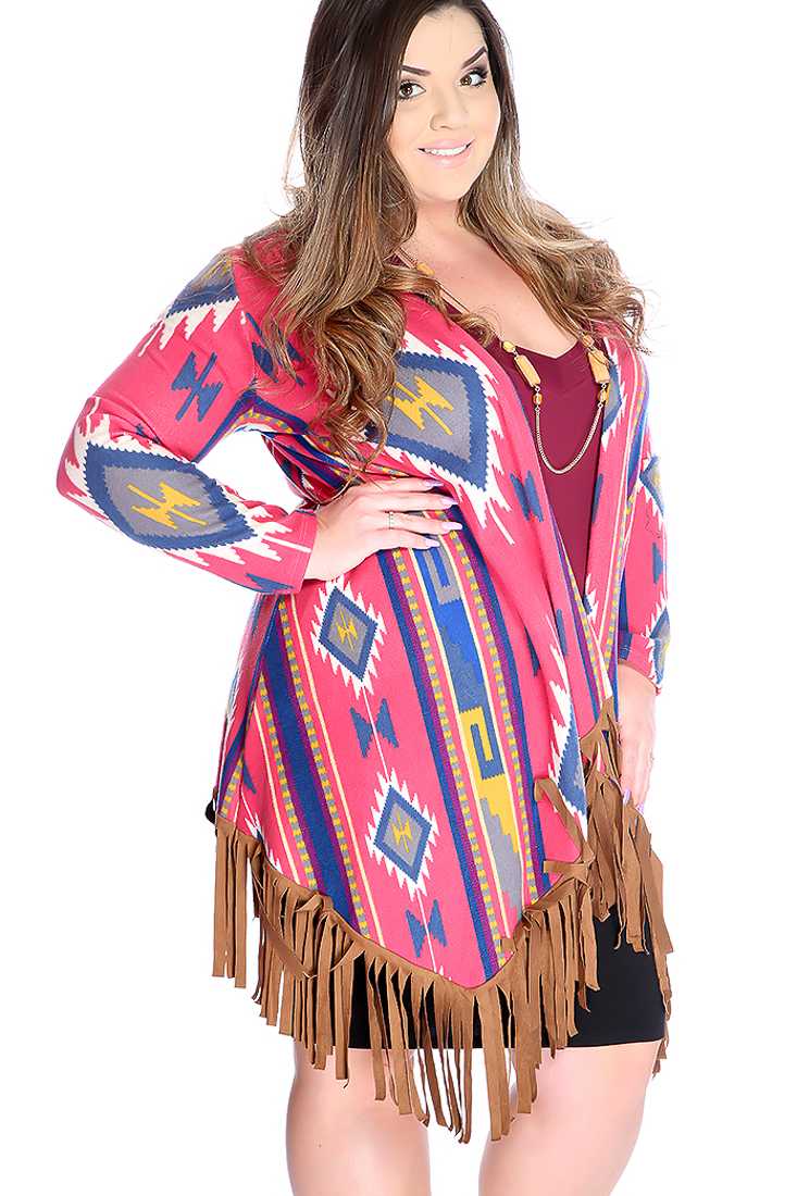Stylish Watermelon Plus Size Fringe Detail Long Sleeve Tribal Print Cardigan