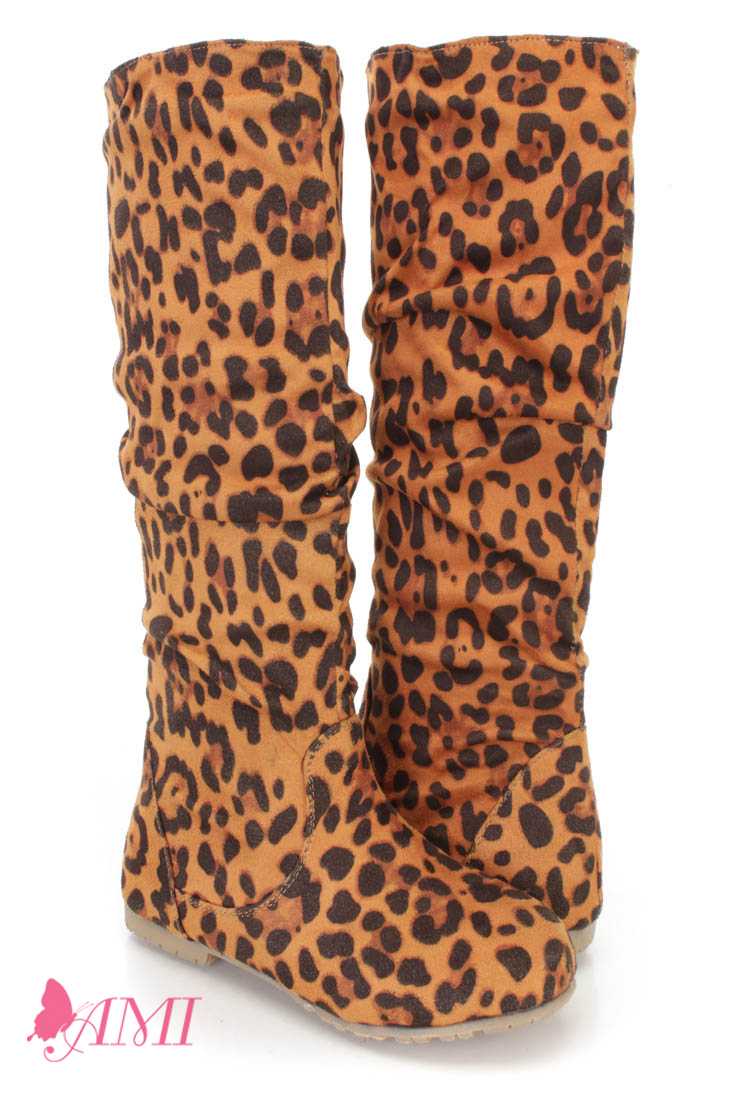 Leopard Slouchy Mid Calf Casual Boots Faux Suede
