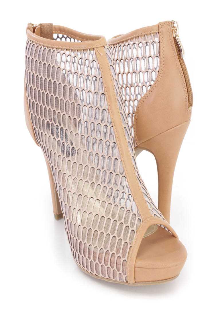 Camel Mesh Netted Ankle Booties Faux Leather