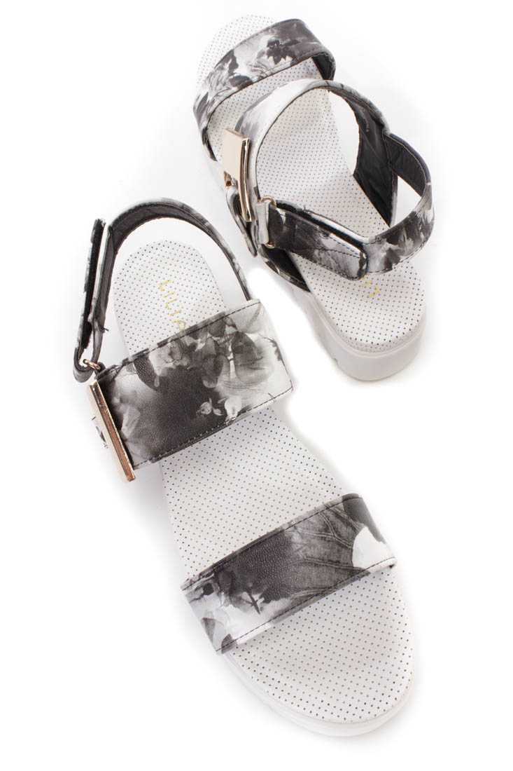 Black Floral Print Open Toe Platform Sandals Faux Leather