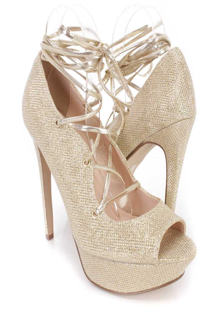 Light Gold Peep Toe Lace Up High Heels Glitter