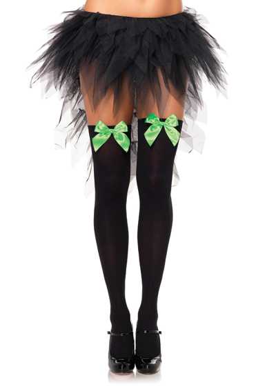 Black Neon Green Bow Opaque Thigh High Stockings