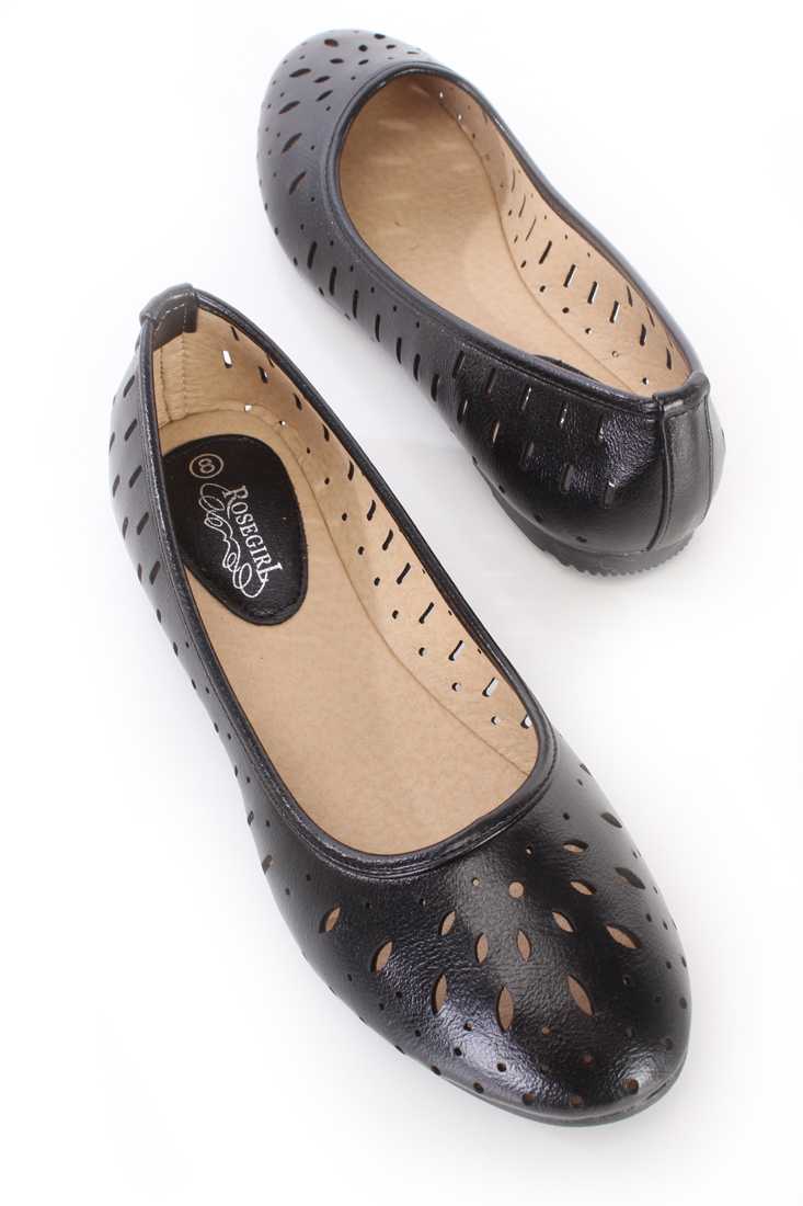 Black Perforated Closed Toe Ballet Flats Faux Leather