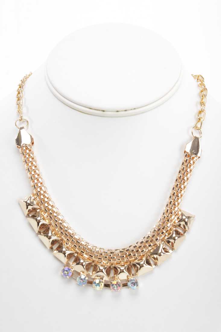 Iridescent Gold High Polish Metal Mesh Studded Rhinestone Necklace