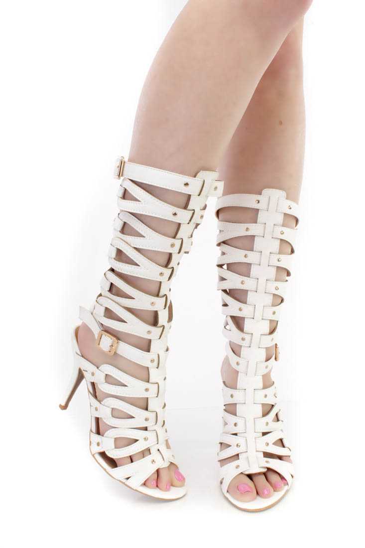 White Single Sole Gladiator High Heels Faux Leather