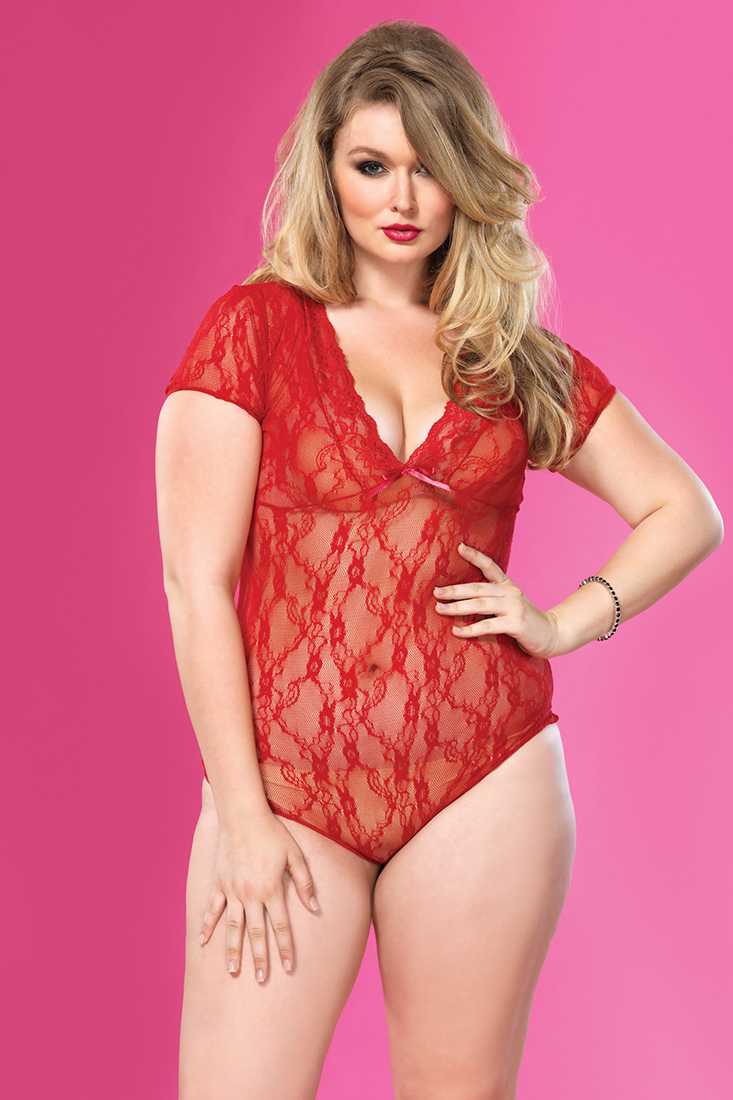 Red Floral Lace Backless Teddy Plus Size