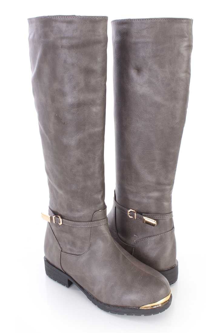Grey Mid Calf Thin Strap Riding Boots Faux Leather
