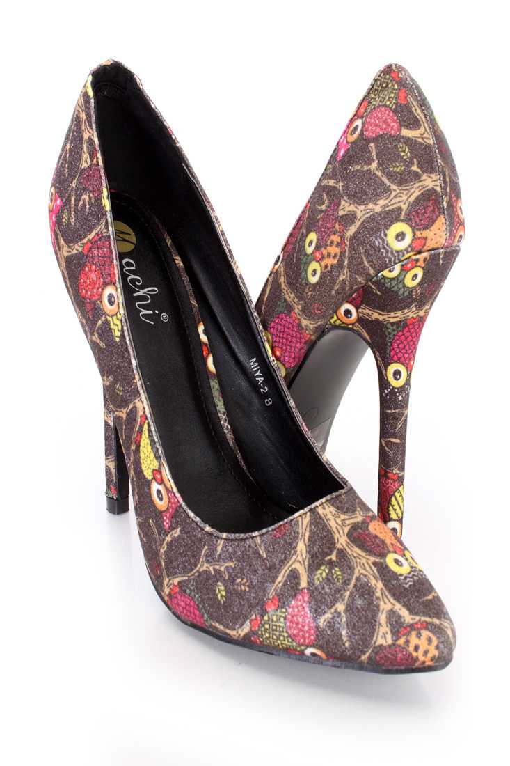 Black Owl Pattern Single Sole Pump High Heels Fabric