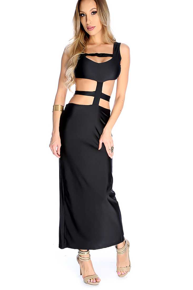 Sexy Black Strappy Cut Out Sleeveless Maxi Dress
