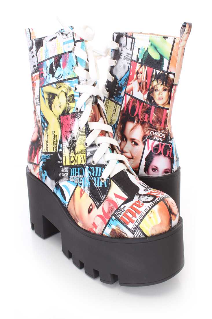 Magazine Print Lace Up Chunky Heel Booties Faux Leather