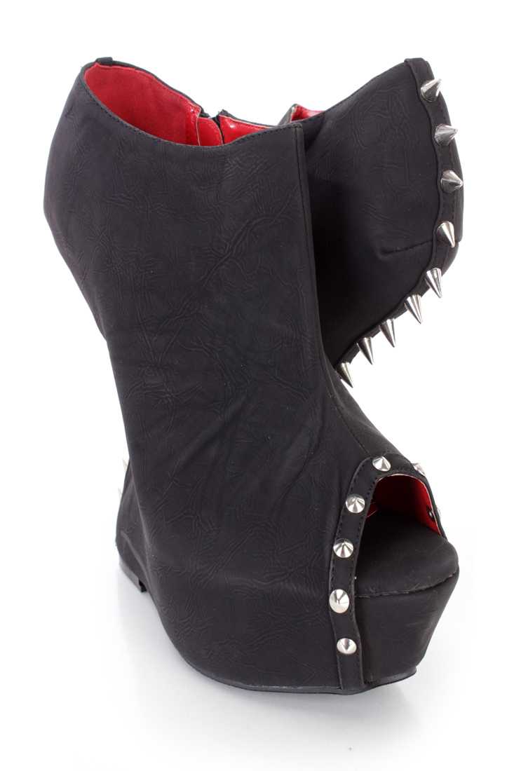Black Spike Studded Gravity Wedges Faux Leather