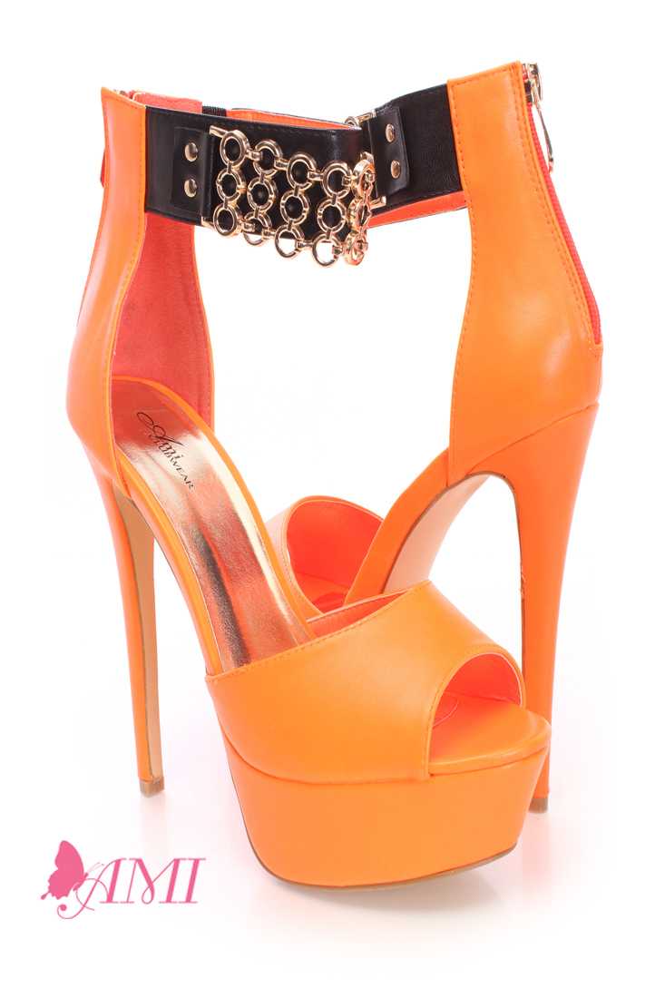 Neon Orange Peep Toe Platform High Heels Faux Leather