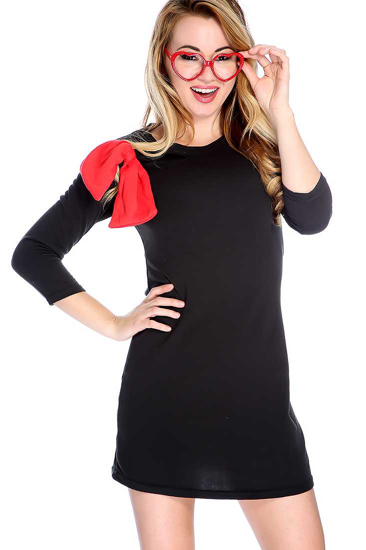 Black Bow Accent Quarter Sleeve Casual Dress