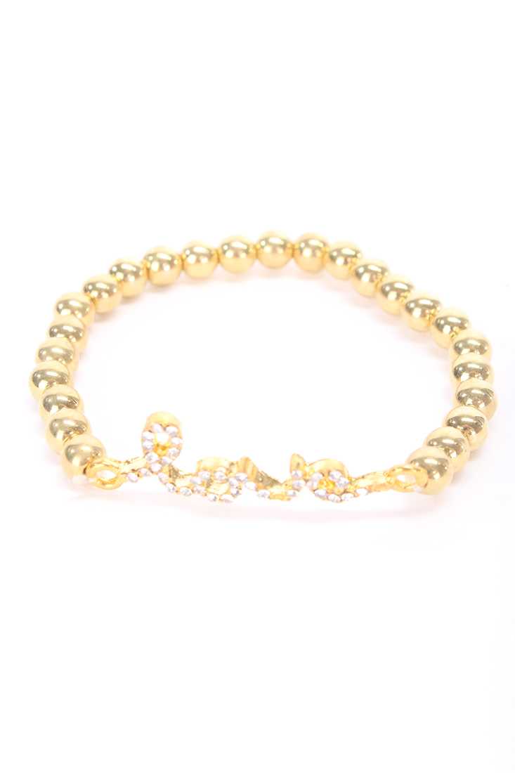 Gold High Polished Beaded Design Rhinestone Love Accent Bracelet