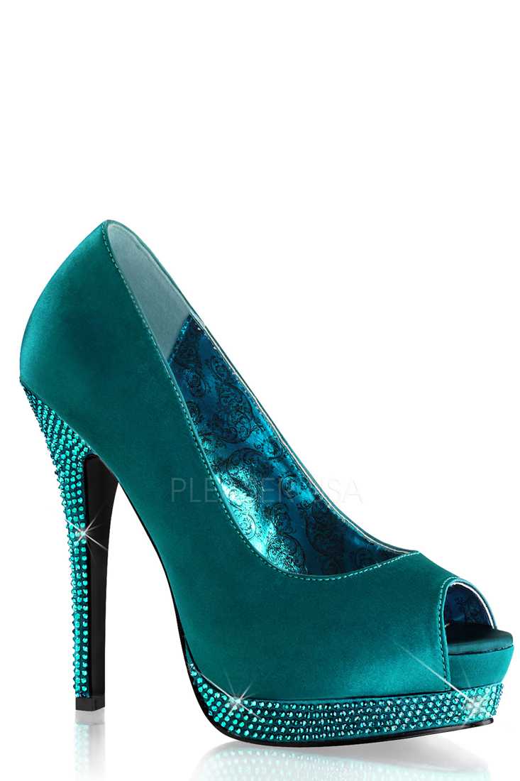 Turquoise Peep Toe Rhinestone Platform Pump High Heels Satin
