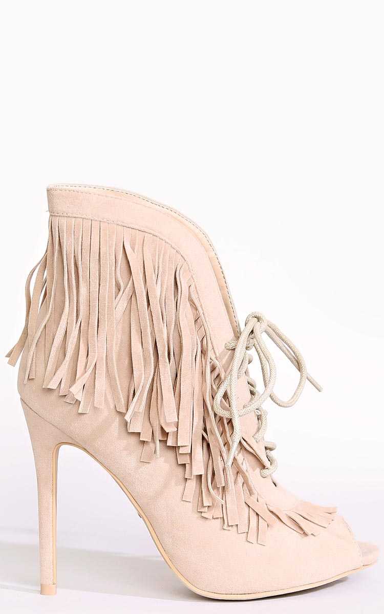 Nina Fringe Trim Lace Up Booties - Beige in Size by Styles For Less