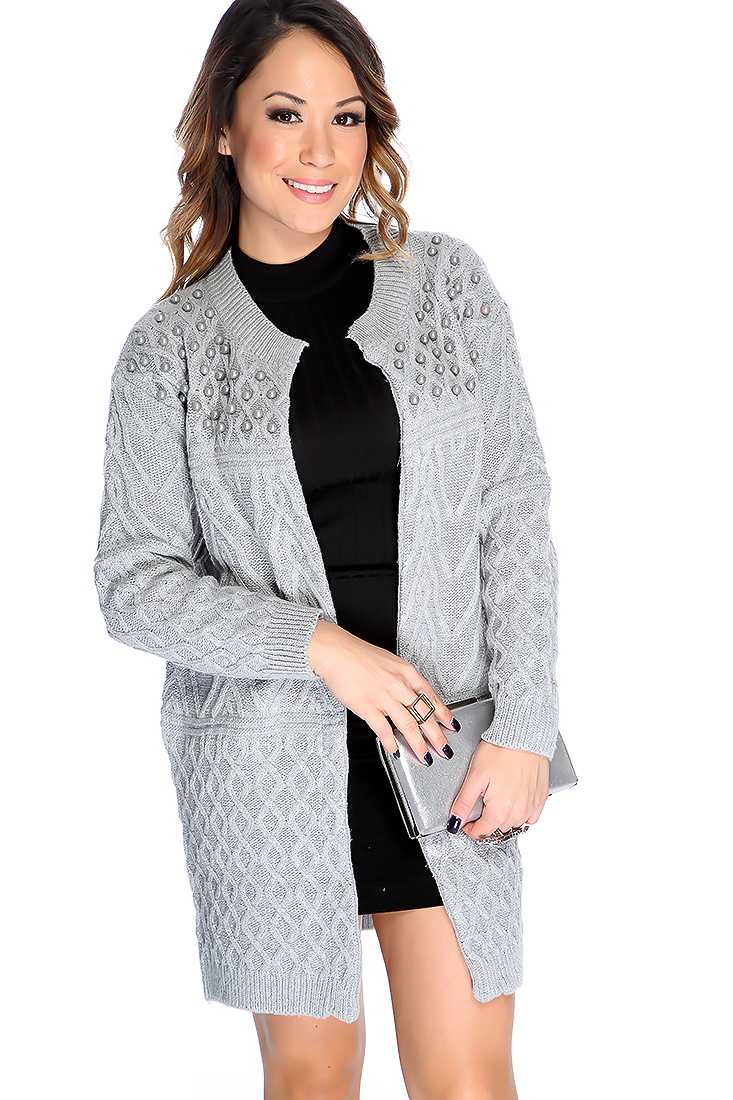 Grey Cable Knit Beaded Open Front Cardigan