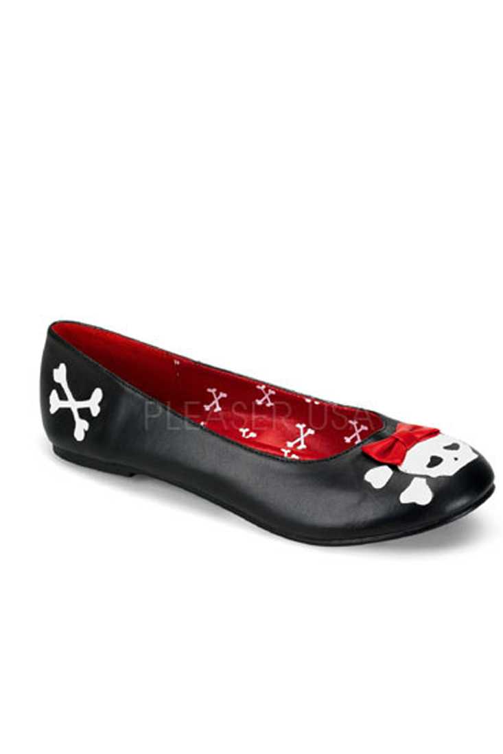 Black Bow Skull Print Flats Faux Leather