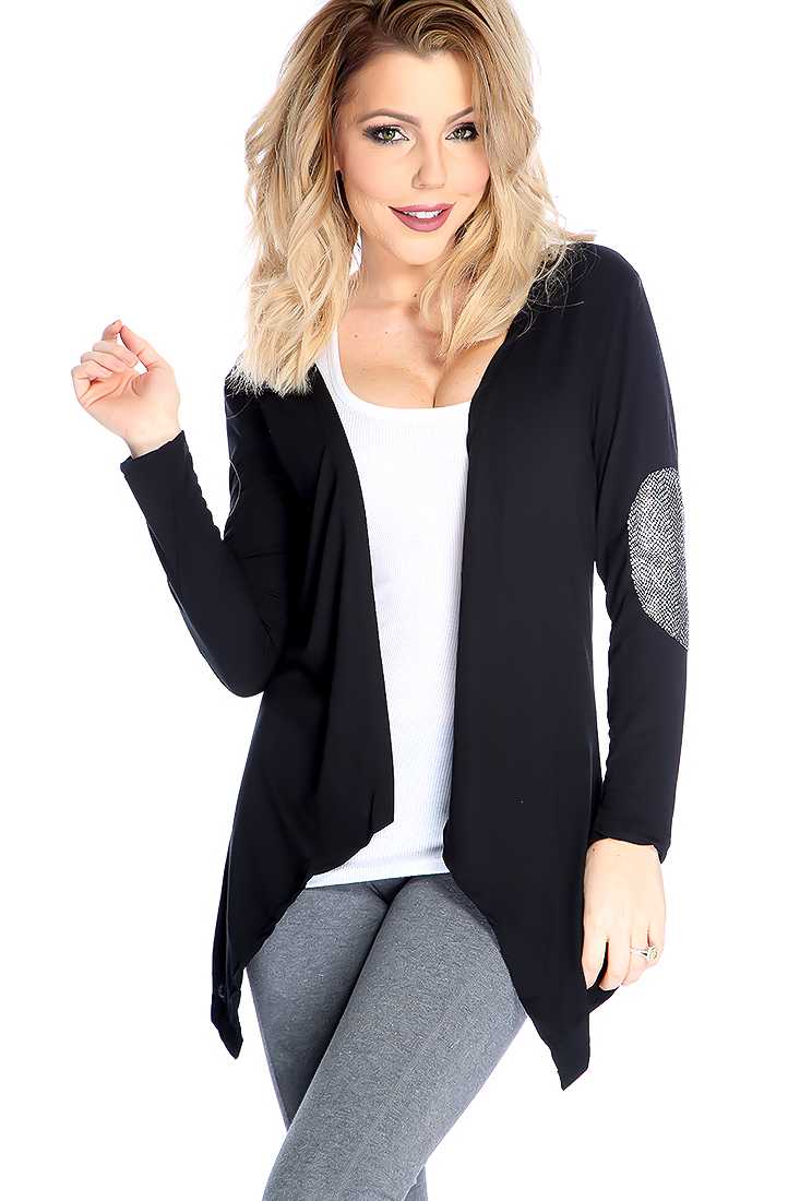 Black Open Front Elbow Patch Cardigan