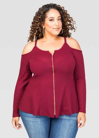 Zip Front Cold Shoulder Top