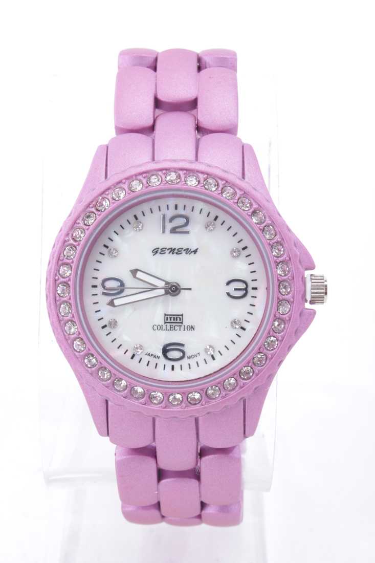 Pink Rhinestone Round Face Metal Matte Finished Watch