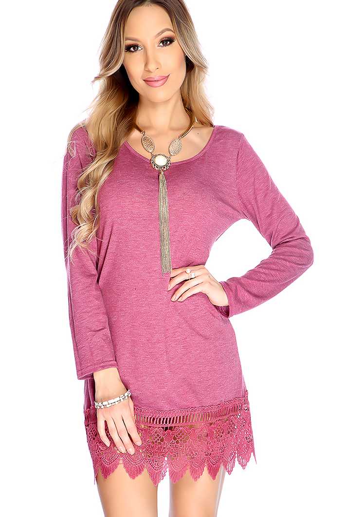 Mauve Long Sleeve Scallop Crochet Causal Dress
