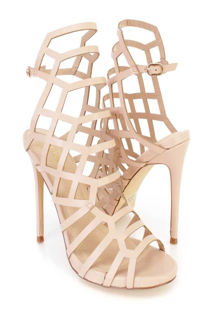 Nude Strappy Cut Out Single Sole High Heels Faux Leather