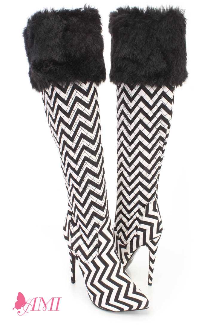 Black White Chevron Faux Fur Cuffed Single Sole High Heel Boots Fabric