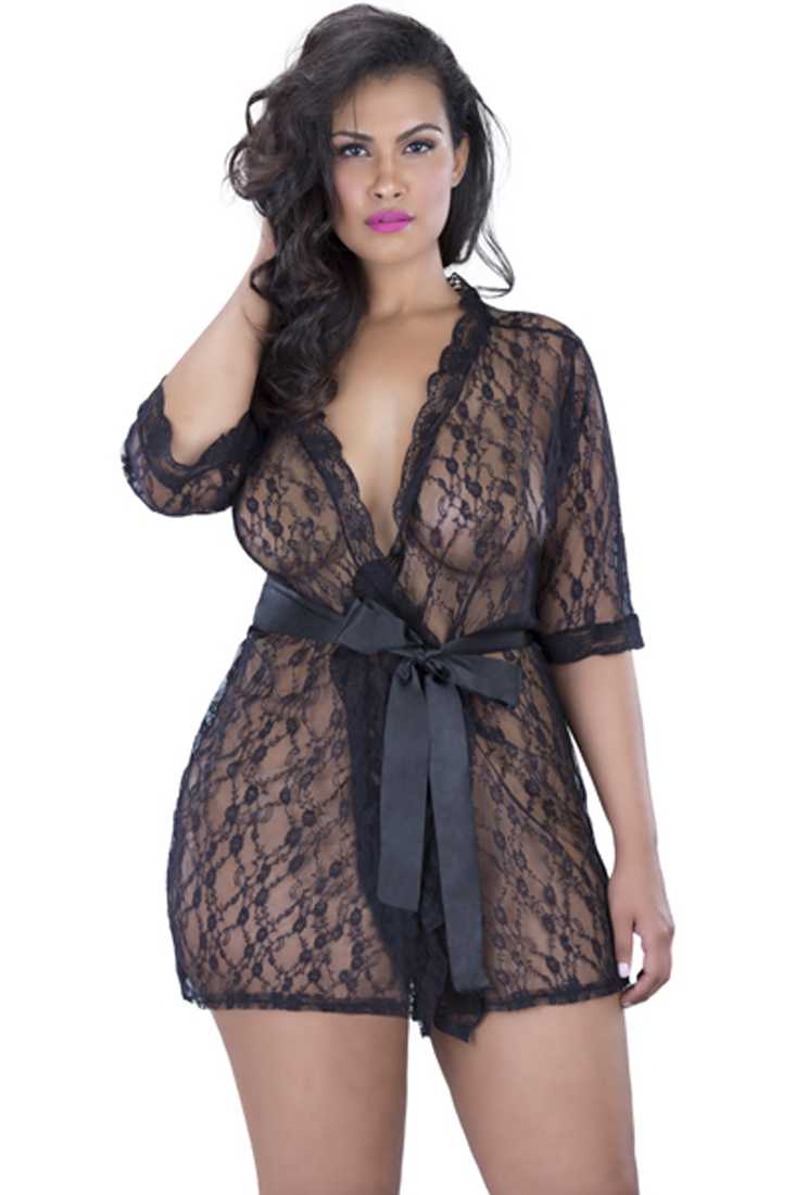 Black Plus Size Lace Robe Satin Trim Intimates