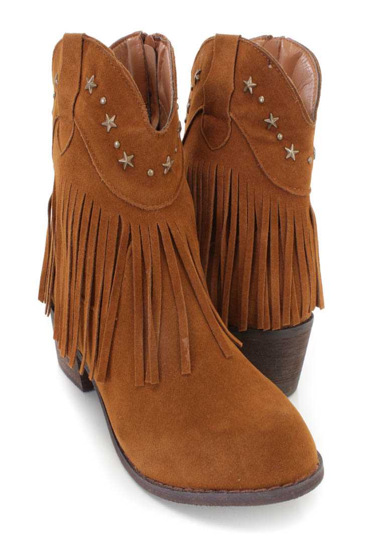 Rust Fringe Star Studded Ankle Booties Faux Suede
