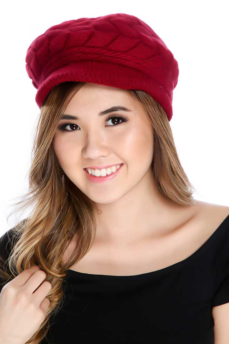 Wine Cable Knit Newsboy Beanie
