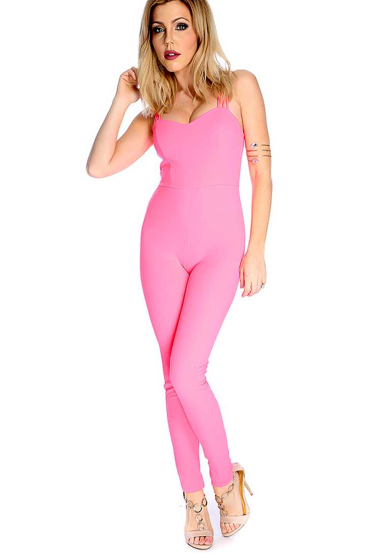 Sexy Neon Pink Sleeveless Sweetheart Neck Jumpsuit