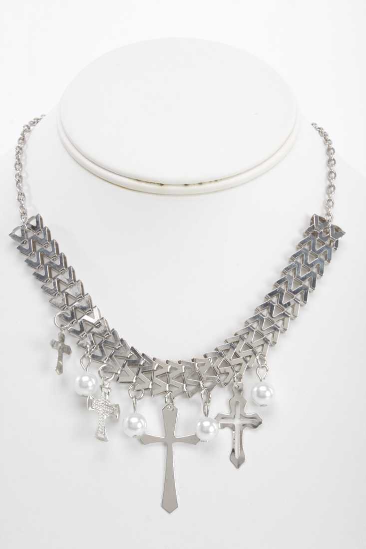Silver Meal Mesh Beaded Cross Charm Necklace