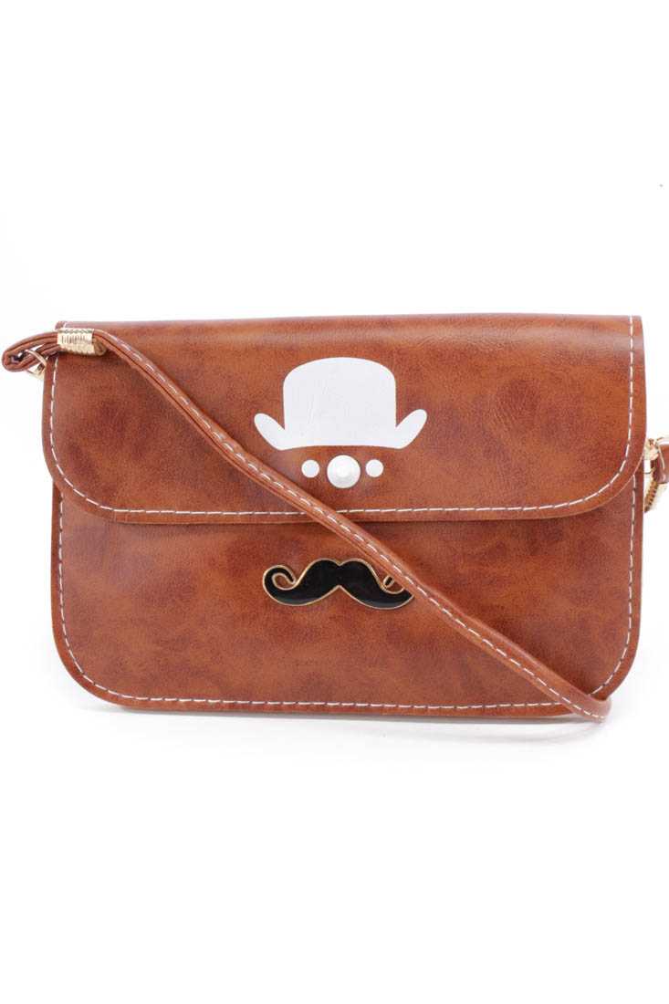 Cognac Top Hat Mustache Pendant Faux Leather Clutch